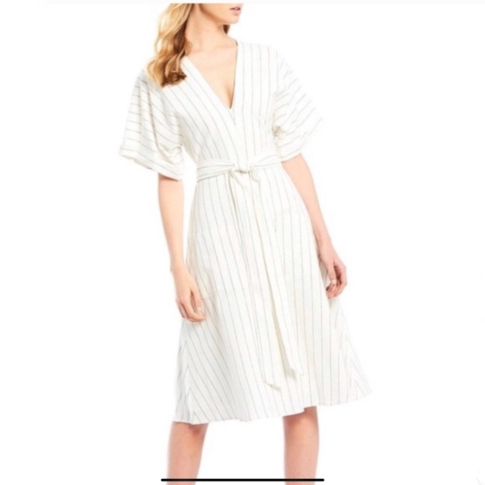 Gianni Bini Linen Blend Striped White Dolman Sleeve Midi Dress size 2